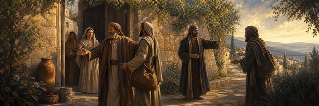 A household warmly welcoming one messenger while courteously refusing a misleading traveler at the gate